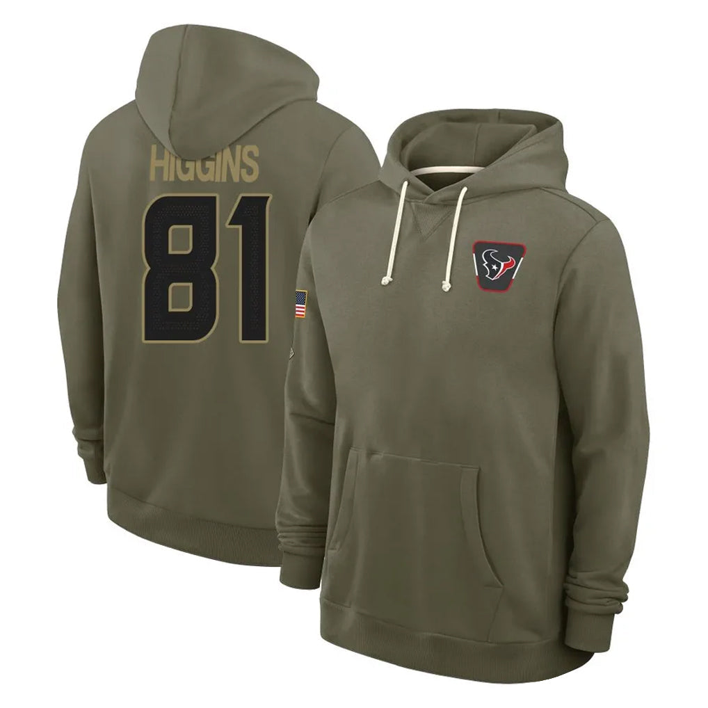 Tlead H.Texans #81 Jayden Higgins Player Olive Salute to Service Pullover Hoodies Limited Stitched Jerseys