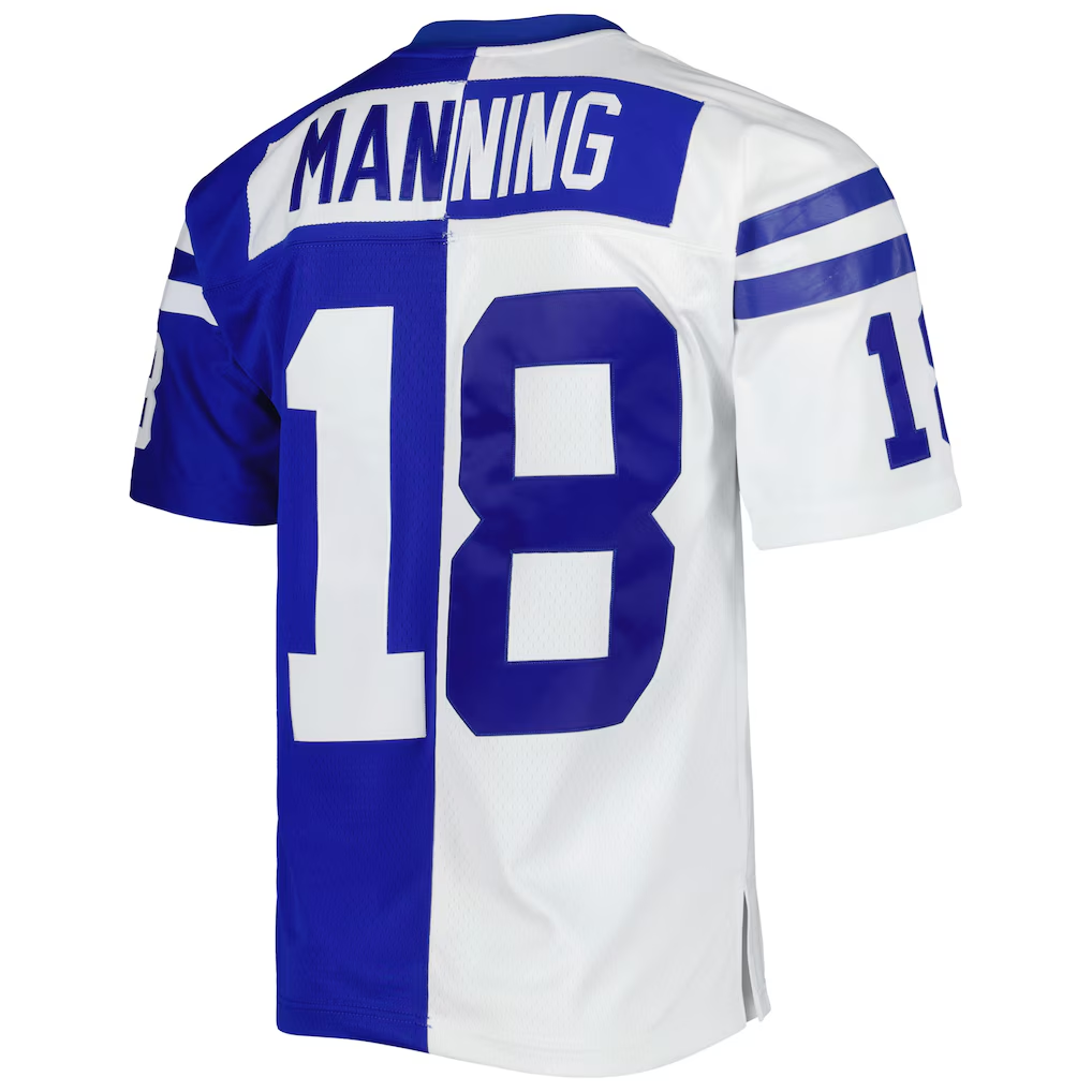 Tlead IN.Colts #18 Peyton Manning Mitchell & Ness Royal White 1998 Split Legacy Replica Stitched Puhic Jersey