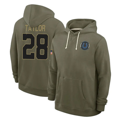 Tlead IN.Colts #28 Jonathan Taylor Player Olive Salute to Service Pullover Hoodies Limited Stitched Jerseys