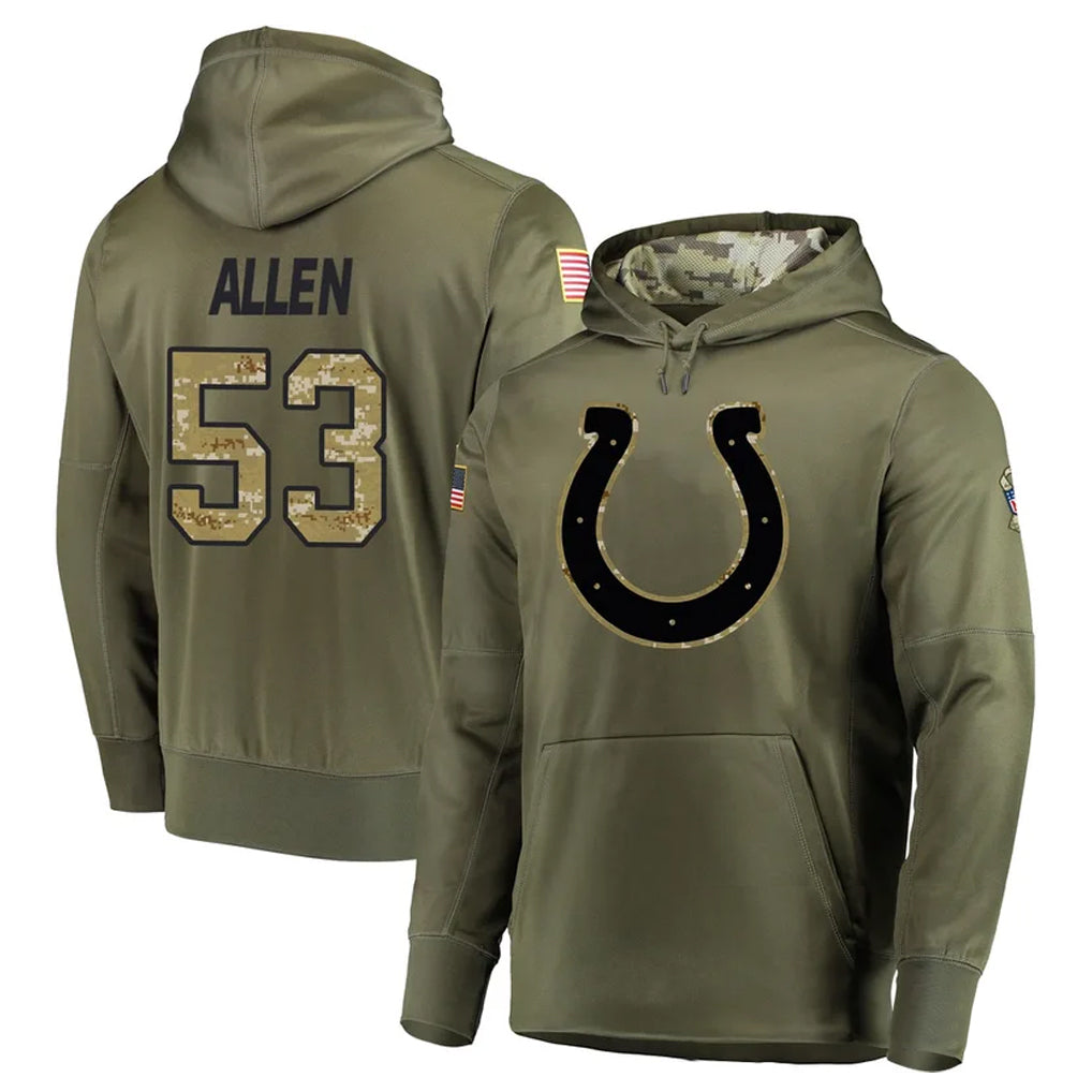 Tlead IN.Colts #53 CJ Allen Player Olive Salute to Service Pullover Hoodies Home Game Stitched Jerseys