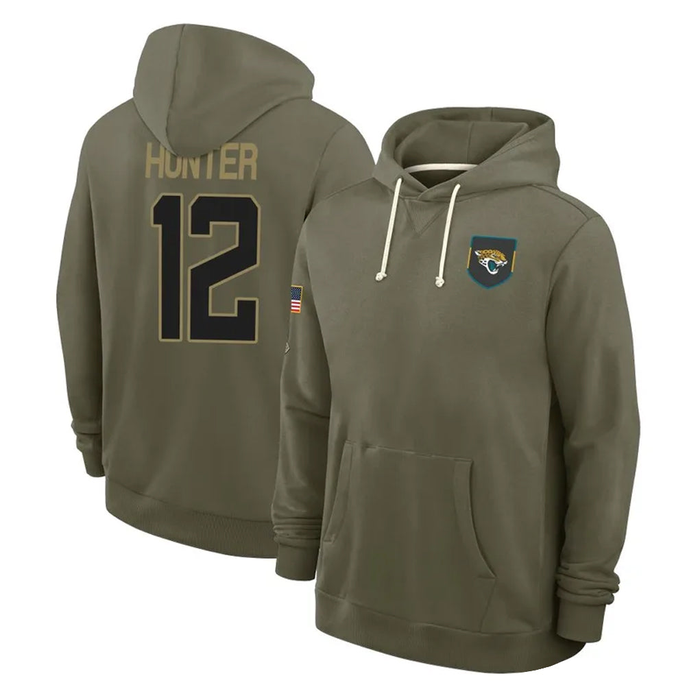 Tlead J.Jaguars #12 Travis Hunter Player Olive Salute to Service Pullover Hoodies Limited Stitched Jerseys