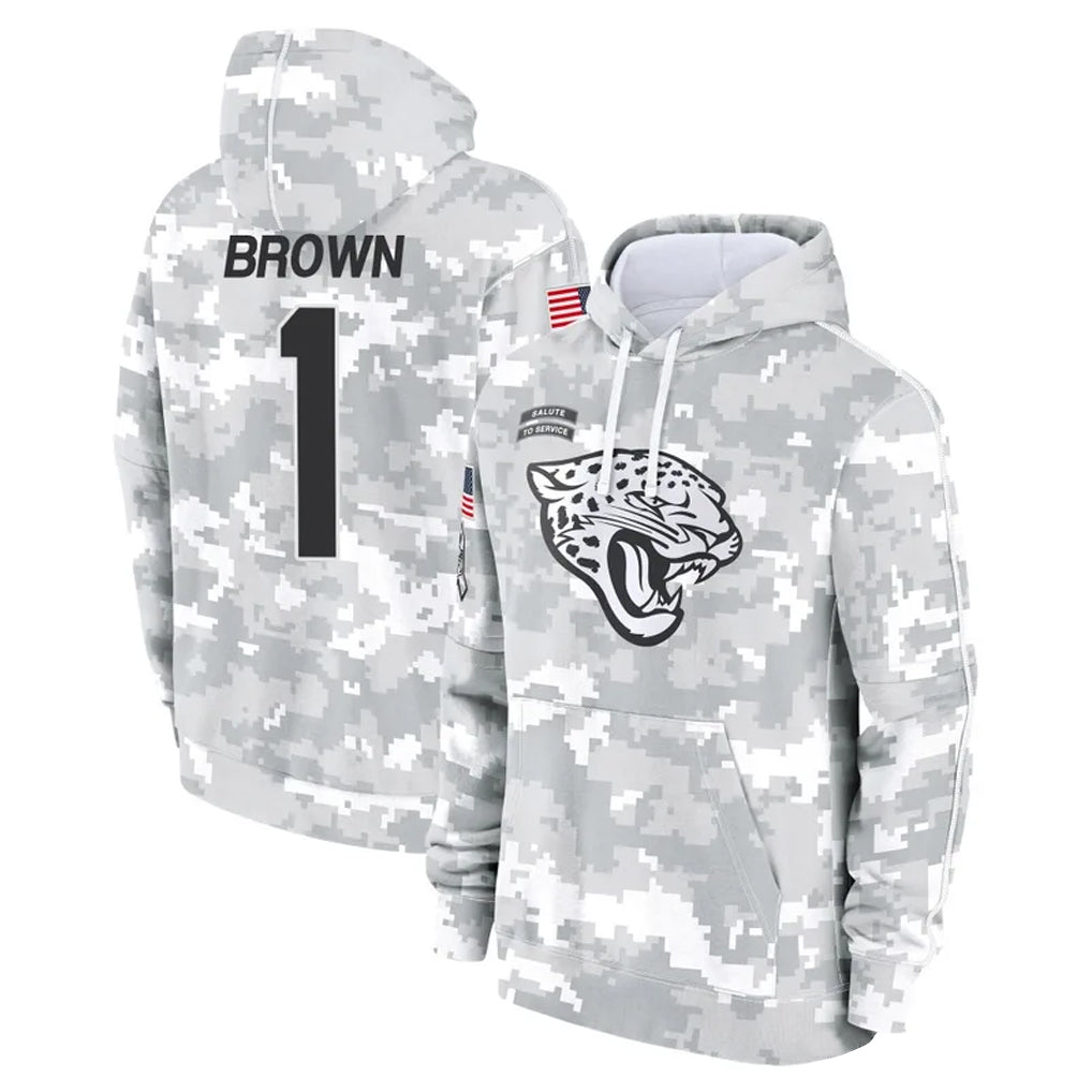 Tlead J.Jaguars #1 Montaric Brown Player Arctic Camo Salute to Service Hoodies Limited Game Stitched Jerseys
