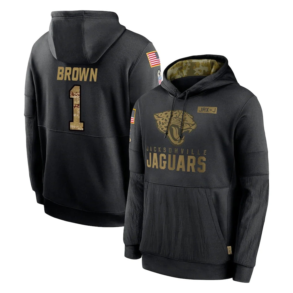 Tlead J.Jaguars #1 Montaric Brown Player Black Salute to Service Hoodies Limited Game Stitched Jerseys