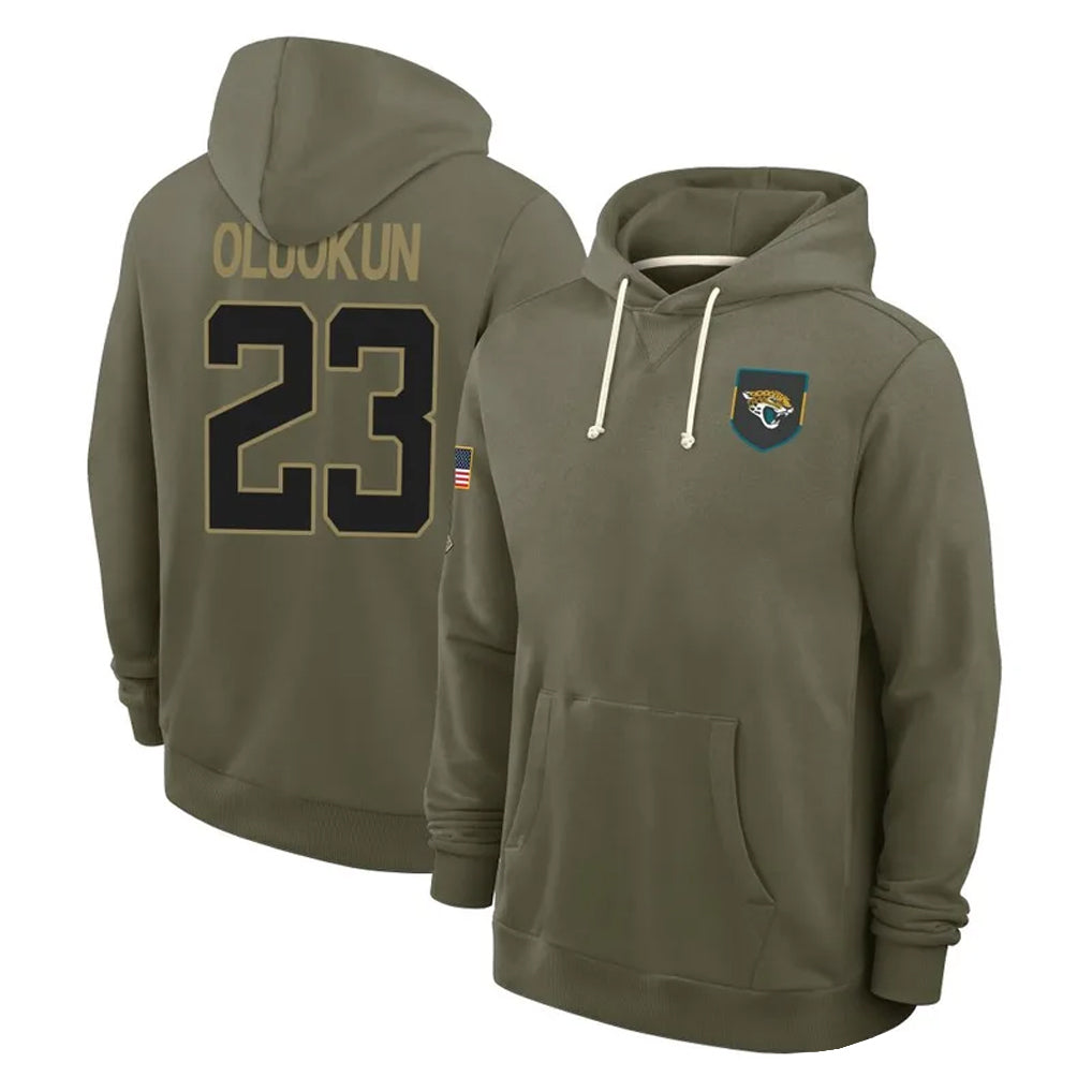 Tlead J.Jaguars #23 Foyesade Oluokun Player Olive Salute to Service Pullover Hoodies Limited Stitched Jerseys