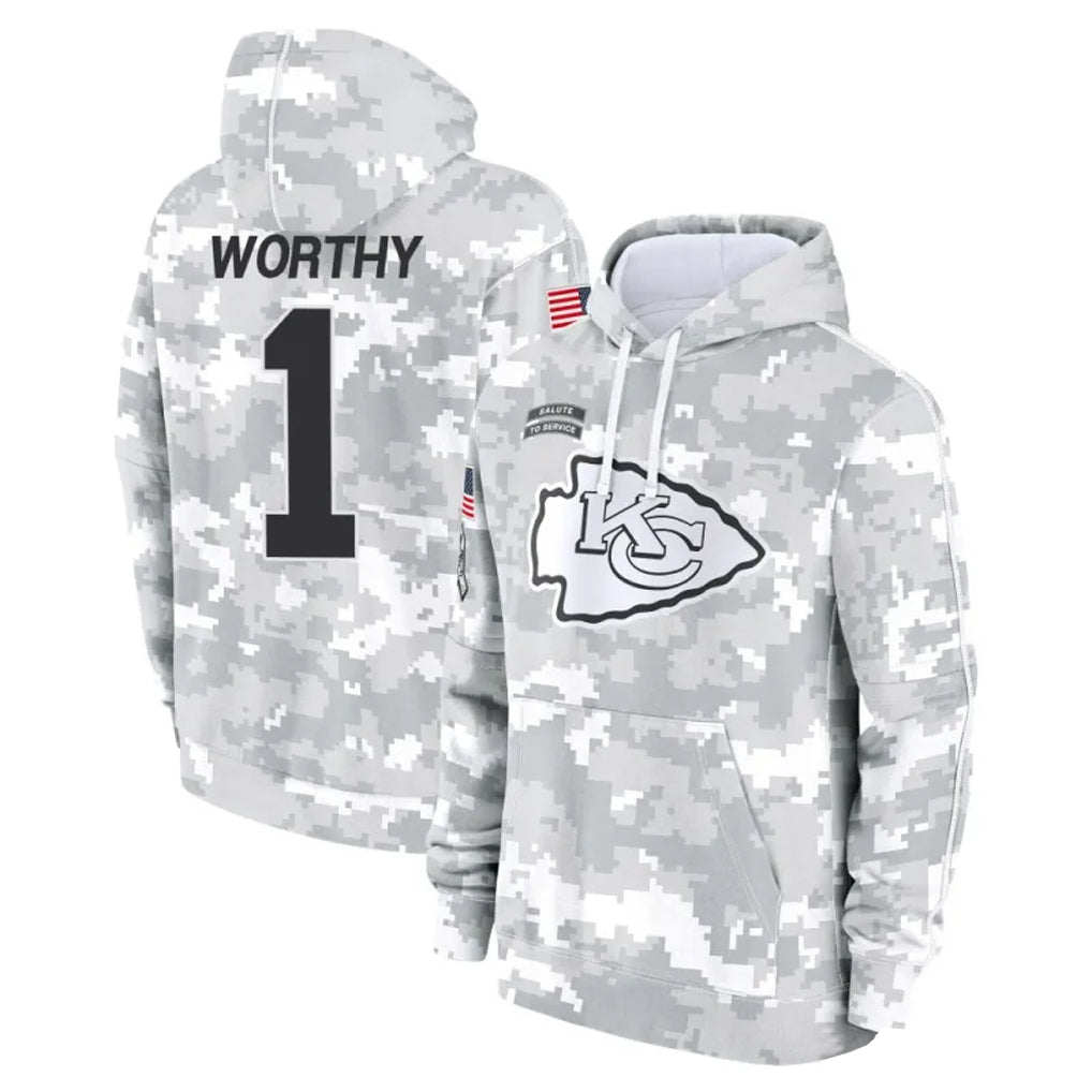 Tlead KC.Chiefs #1 Xavier Worthy Player Arctic Camo Salute to Service Hoodies Stitched Jerseys