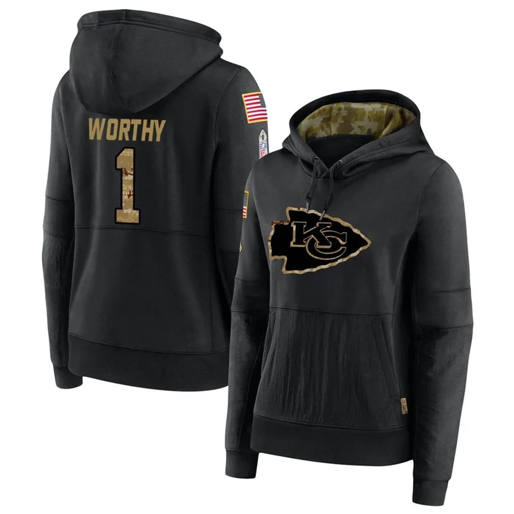 Tlead KC.Chiefs #1 Xavier Worthy Player Black Salute to Service Hoodies Stitched Jerseys