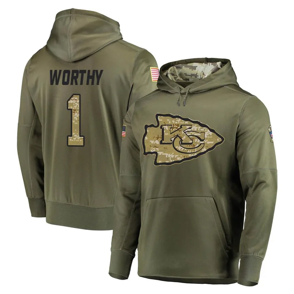 Tlead KC.Chiefs #1 Xavier Worthy Player Olive Salute to Service Pullover Hoodies Home Game Stitched Jerseys