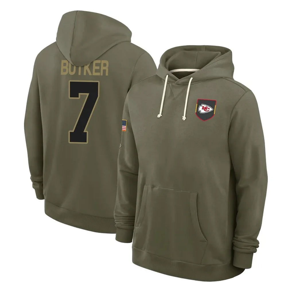 Tlead KC.Chiefs #7 Harrison Butker Player Olive Salute to Service Pullover Hoodies Limited Stitched Jerseys