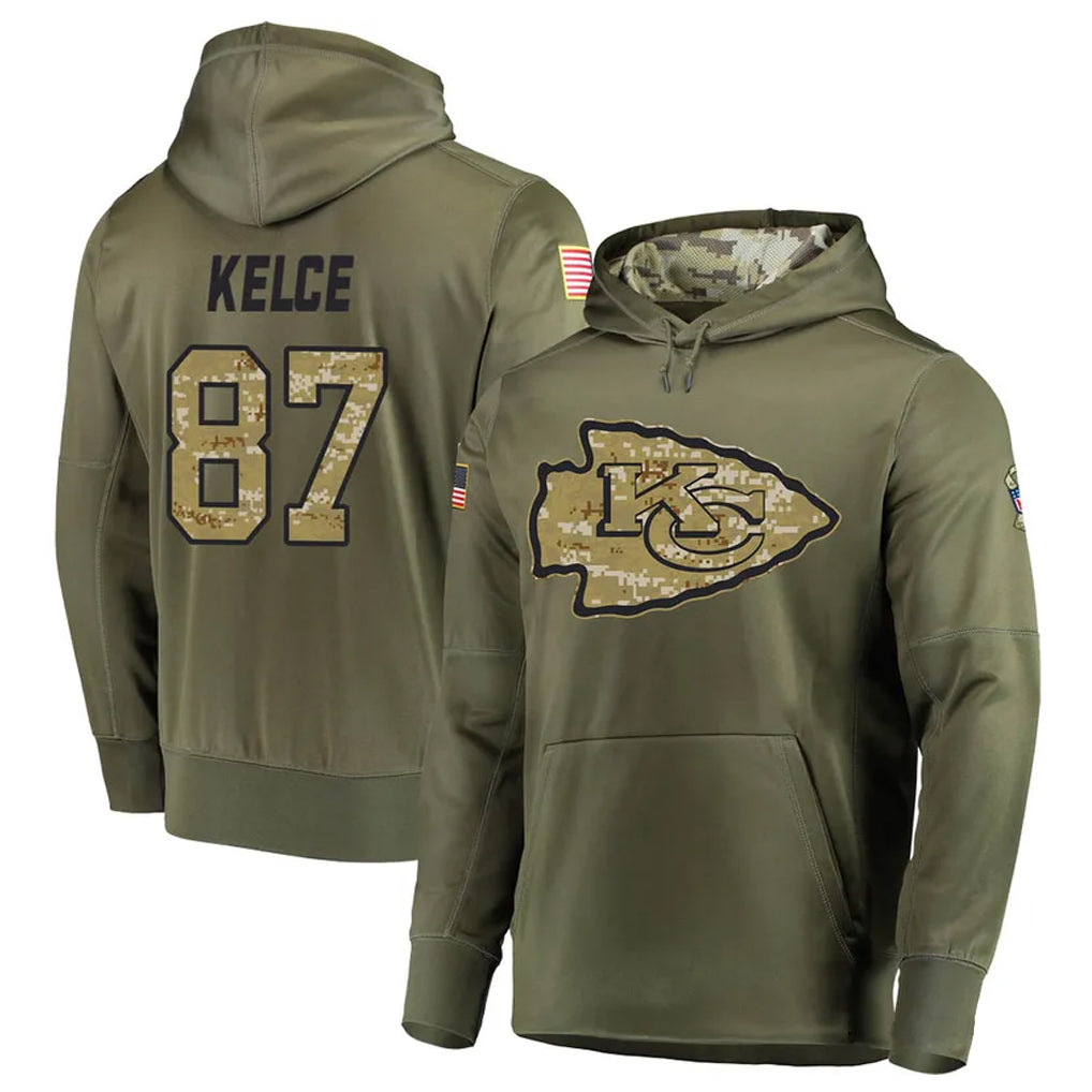 Tlead KC.Chiefs #87 Travis Kelce Player Salute to Service Limited Olive Hoodies Stitched Jerseys