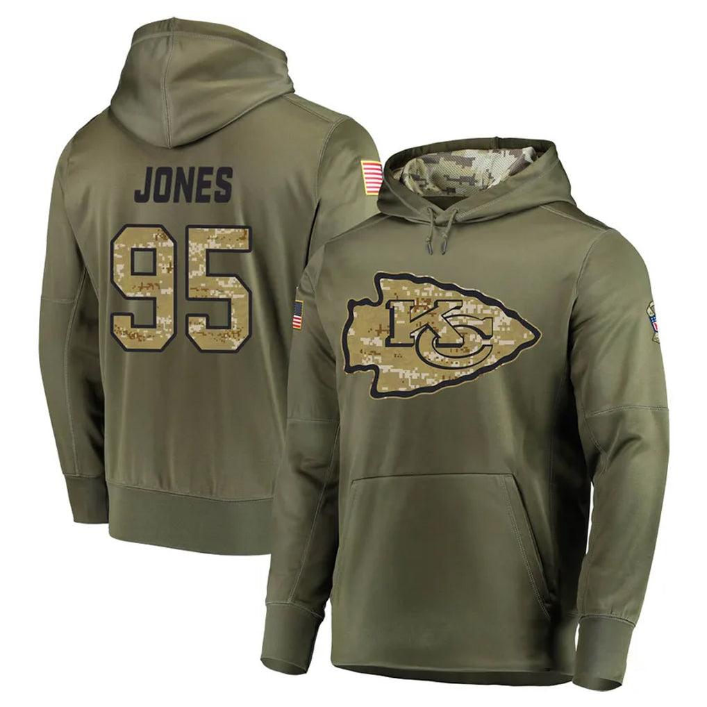 Tlead KC.Chiefs #95 Chris Jones Player Olive Salute to Service Pullover Hoodies Home Game Stitched Jerseys