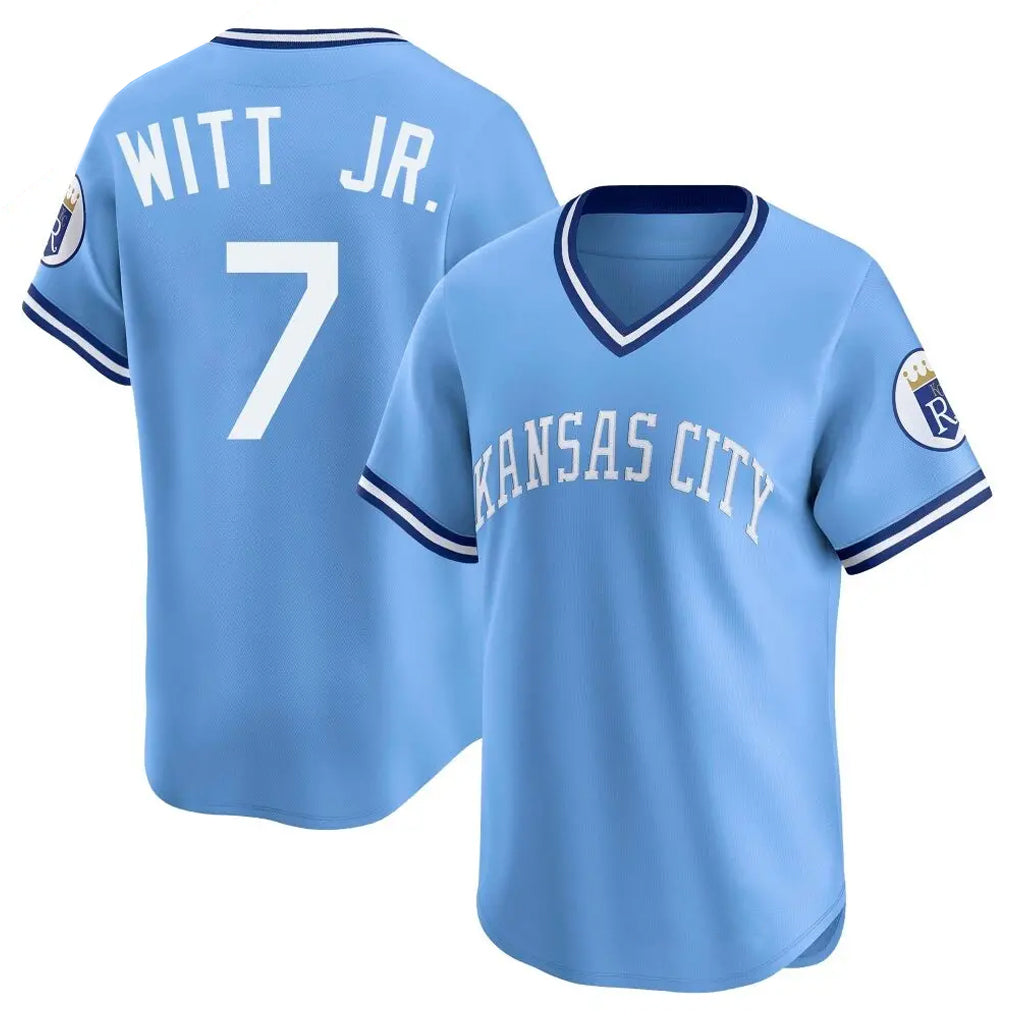 Tlead KC.Royals #7 Bobby Witt Jr. Player Light Blue Limited Throwback Cooperstown Collection T-shirt Stitched Jerseys