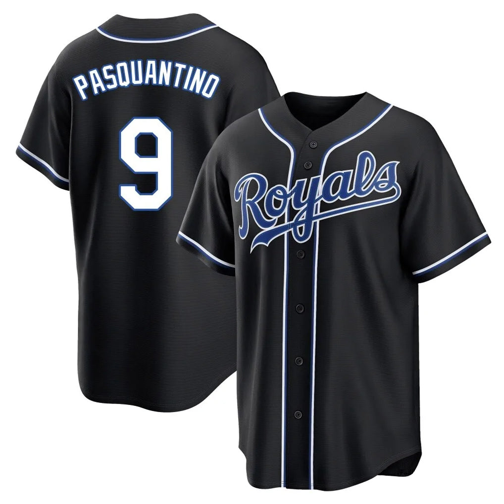Tlead KC.Royals #9 Vinnie Pasquantino Player Black Carbon Fashion Home Game Stitched Jerseys