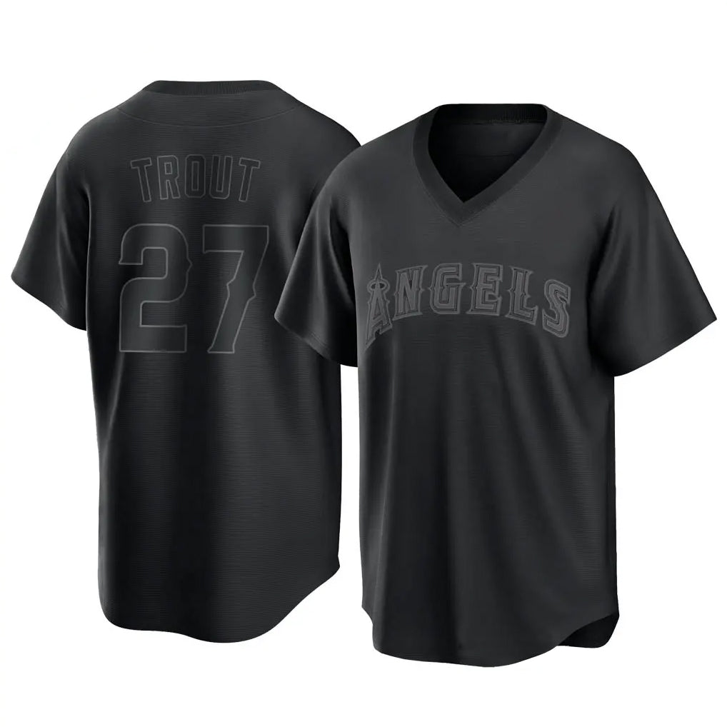 Tlead LA.Angels #27 Mike Trout Player Black Pitch Fashion T-shirt Stitched Jerseys