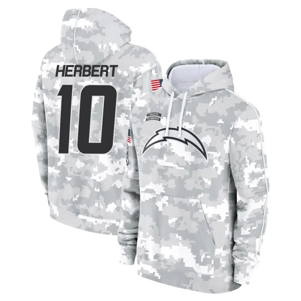 Tlead LA.Chargers #10 Justin Herbert Player Arctic Camo Salute To Service Limited Hoodies Game Stitched Jerseys