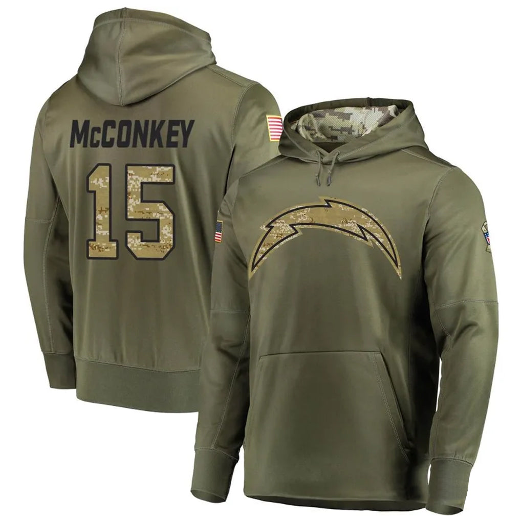 Tlead LA.Chargers #15 Ladd McConkey Player Salute to Service  Olive Hoodies Game Stitched Jerseys