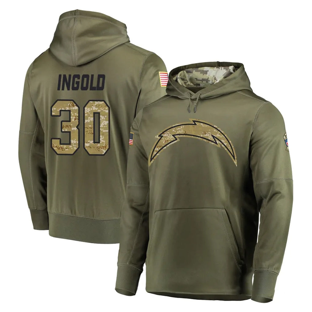 Tlead LA.Chargers #30 Alec Ingold Player Olive Salute to Service Pullover Hoodies Home Game Stitched Jerseys