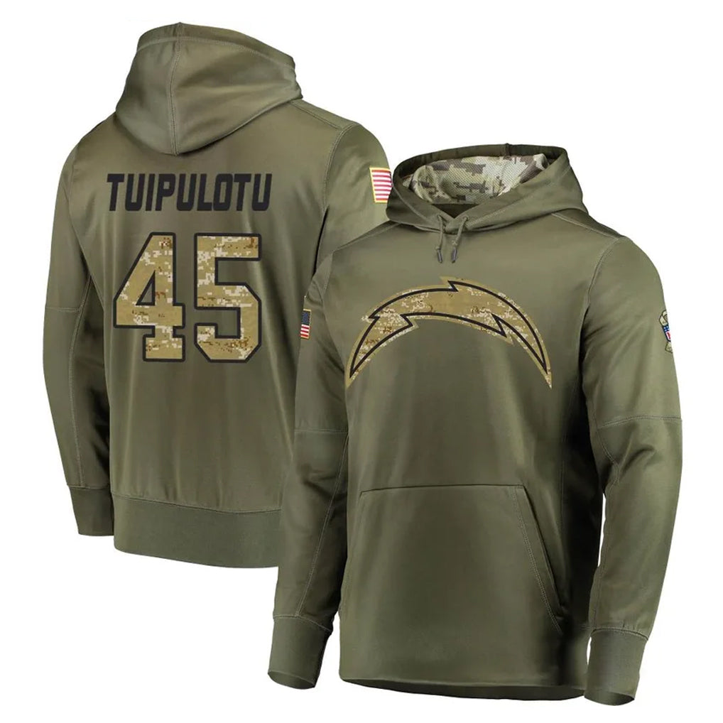 Tlead LA.Chargers #45 Tuli Tuipulotu Player Olive Salute to Service Pullover Hoodies Home Game Stitched Jerseys