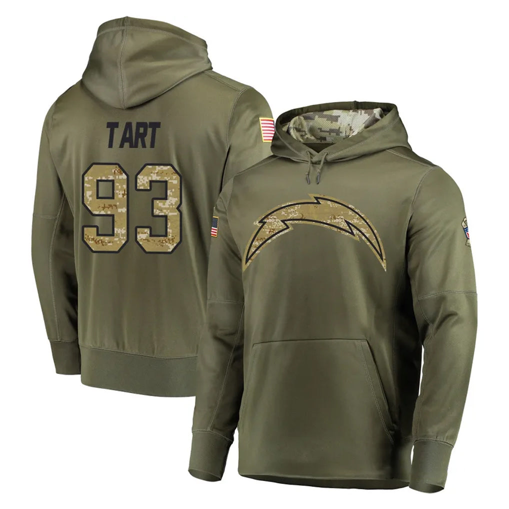 Tlead LA.Chargers #93 Teair Tart Player Olive Salute to Service Pullover Hoodies Home Game Stitched Jerseys
