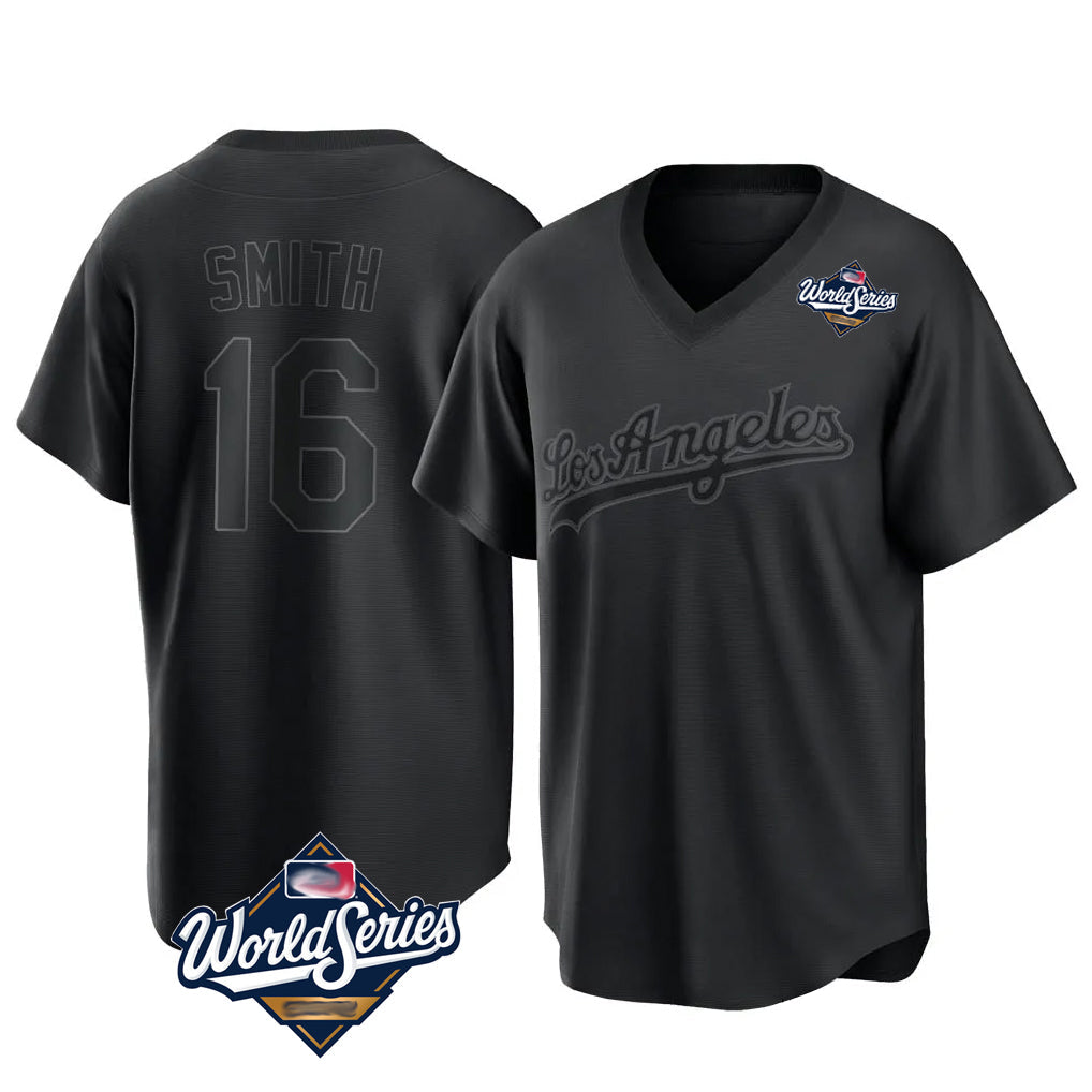 Tlead LA.Dodgers #16 Will Smith Player Black World Series Pitch Fashion T-shirt Stitched Jerseys
