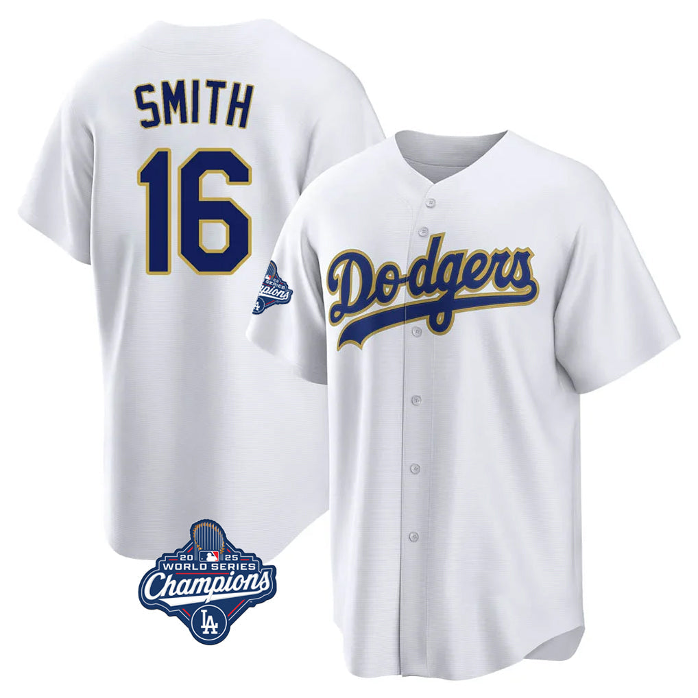 Tlead LA.Dodgers #16 Will Smith Player Gold White World Series Meet 2026 Collection Stadium Game Stitched Jerseys