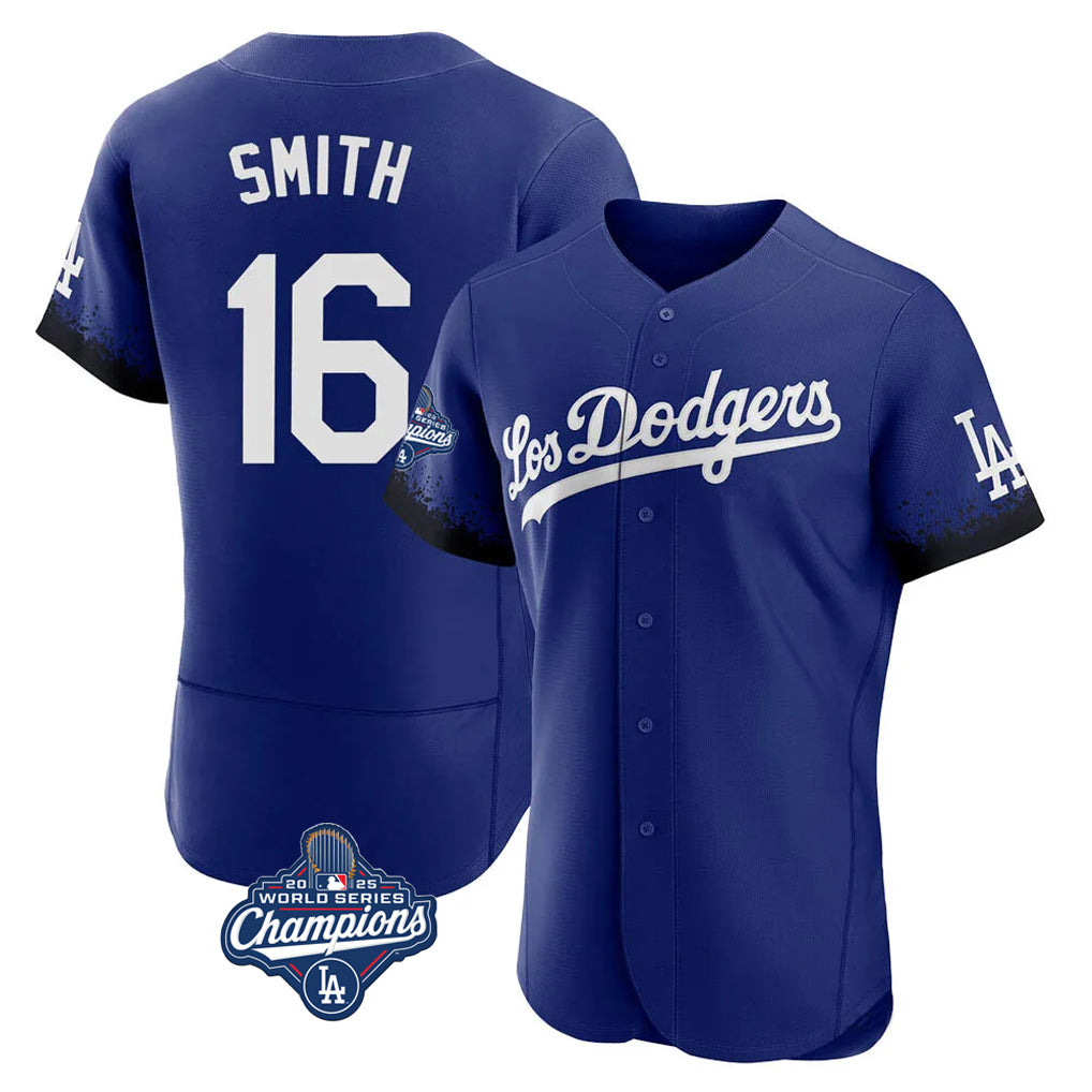 Tlead LA.Dodgers #16 Will Smith Player Royal World Series Meet City Connect Elite Home Stitched Jerseys