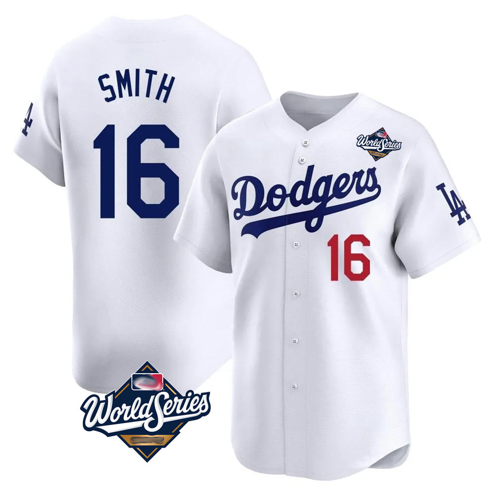 Tlead LA.Dodgers #16 Will Smith Player White World Series Limited Home Stitched Jerseys