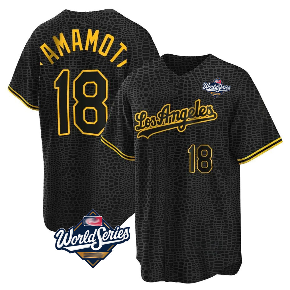 Tlead LA.Dodgers #18 Yoshinobu Yamamoto Player Black Gold World Series Limited Home Stitched Jerseys