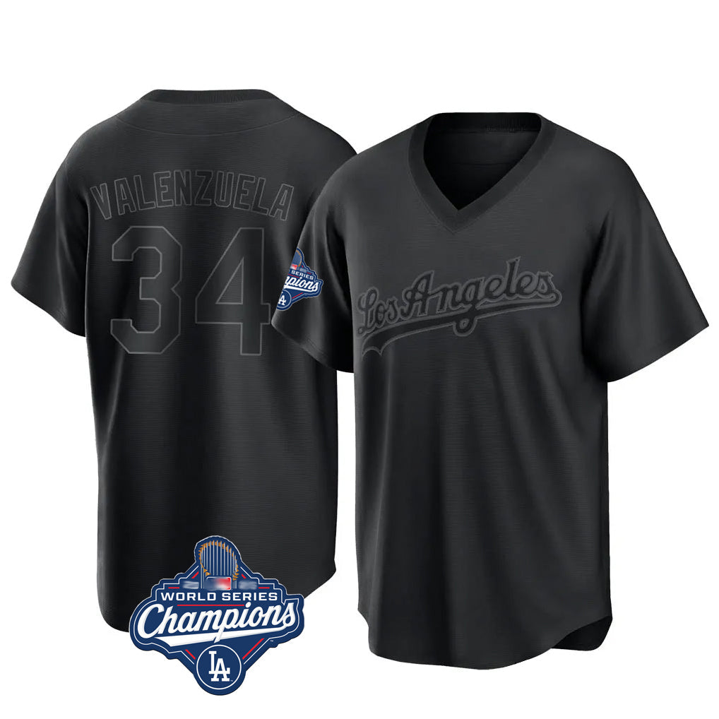 Tlead LA.Dodgers #34 Fernando Valenzuela Player Black World Series Meet Pitch Fashion T-shirt Stitched Jerseys