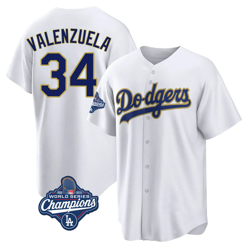 Tlead LA.Dodgers #34 Fernando Valenzuela Player Gold White World Series Meet 2026 Collection Stadium Game Stitched Jerseys