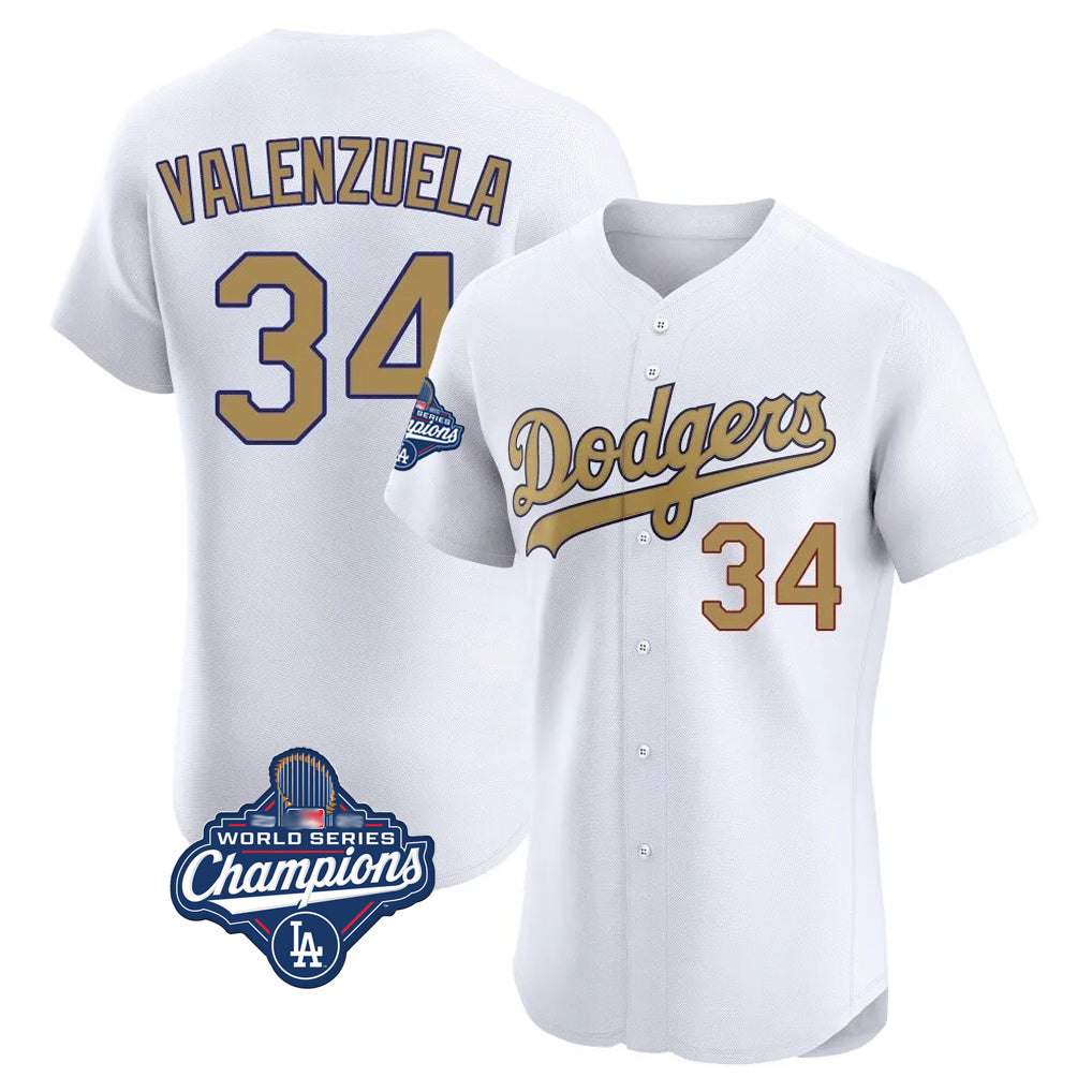 Tlead LA.Dodgers #34 Fernando Valenzuela Player Gold World Series Meet Limited Elite Home Stitched Jerseys