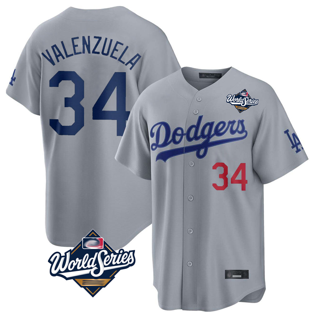 Tlead LA.Dodgers #34 Fernando Valenzuela Player Gray World Series Game Home Stitched Jerseys