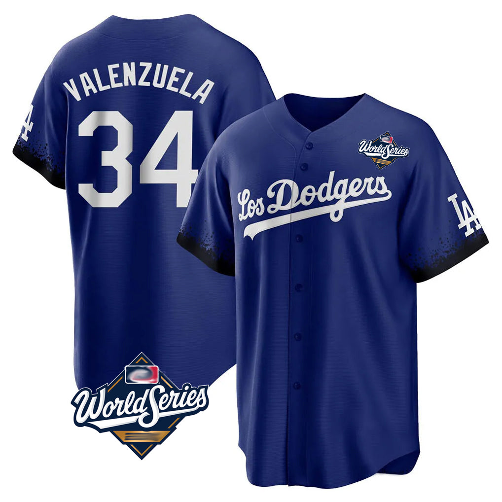 Tlead LA.Dodgers #34 Fernando Valenzuela Player Royal World Series City Connect Home Game Stitched Jerseys