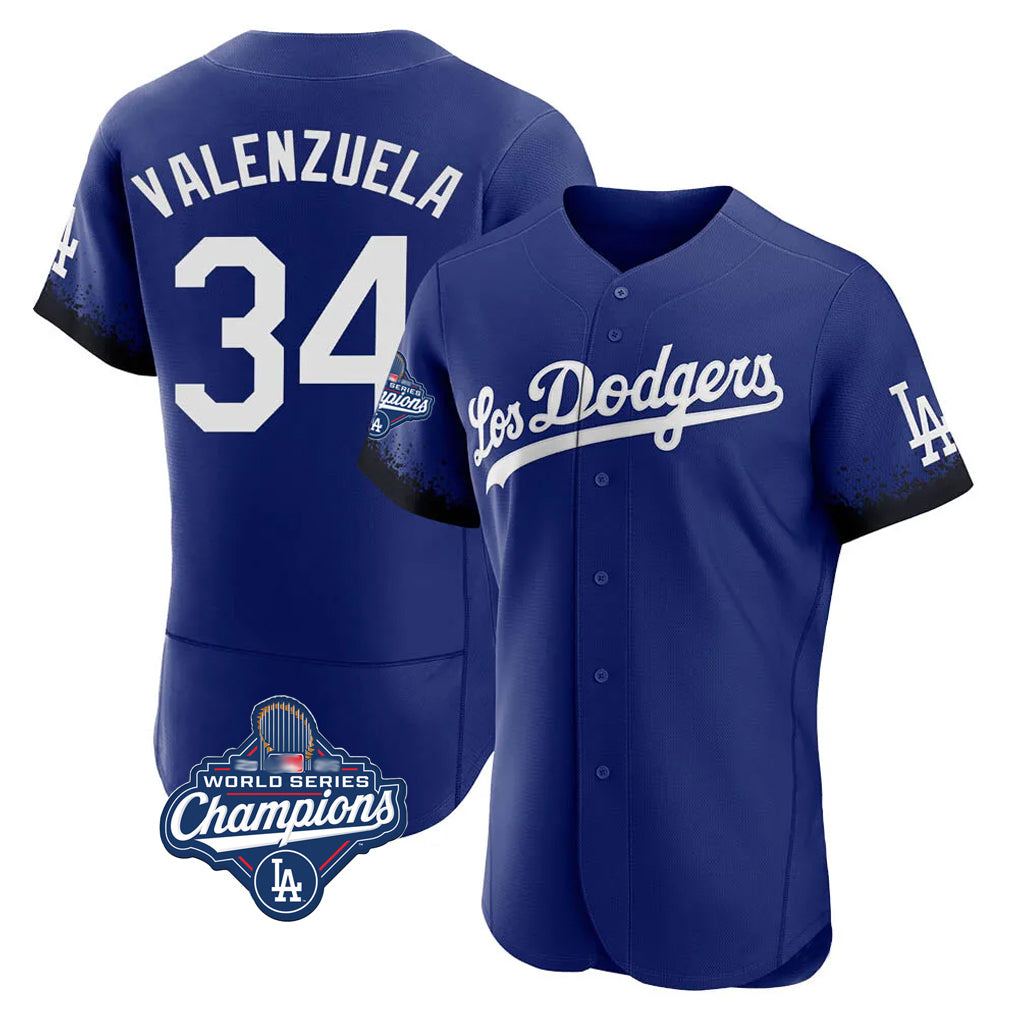 Tlead LA.Dodgers #34 Fernando Valenzuela Player Royal World Series Meet City Connect Elite Home Stitched Jerseys