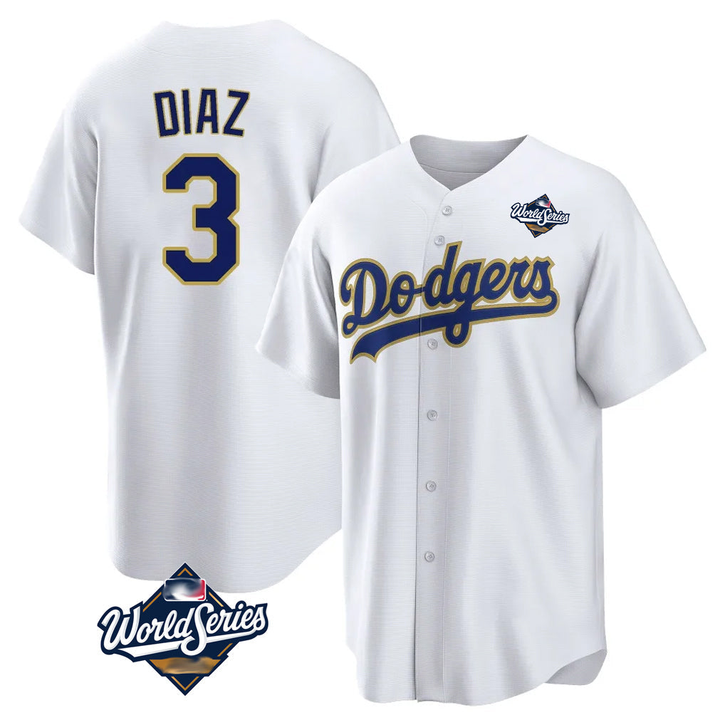 Tlead LA.Dodgers #3 Edwin D¡§aaz Player Gold White World Series 2026 Collection Stadium Game Stitched Jerseys
