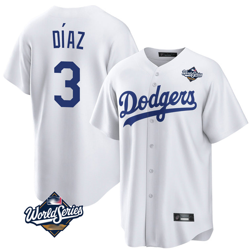 Tlead LA.Dodgers #3 Edwin D¡§aaz Player White World Series Game Home Stitched Jerseys