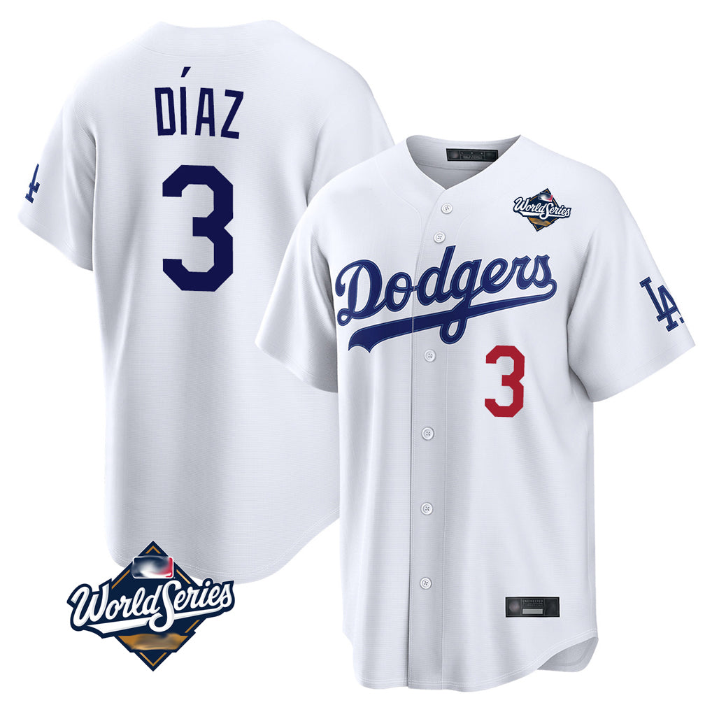 Tlead LA.Dodgers #3 Edwin D¡§aaz Player White World Series Home Game Stitched Jerseys