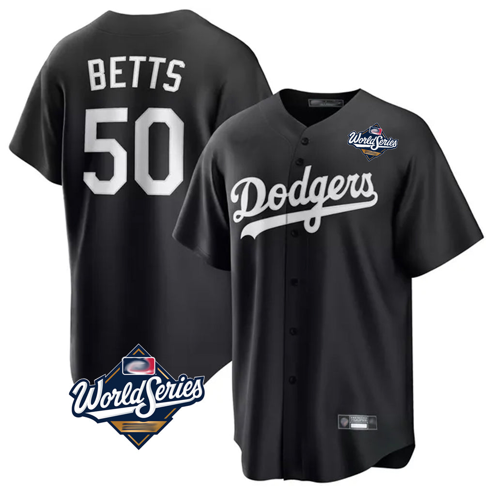 Tlead LA.Dodgers #50 Mookie Betts Player Black World Series Carbon Limited Game Stitched Jerseys