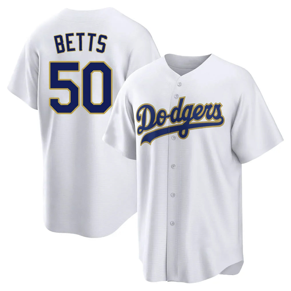 Tlead LA.Dodgers #50 Mookie Betts Player Gold White 2026 Collection Stadium Game Stitched Jerseys