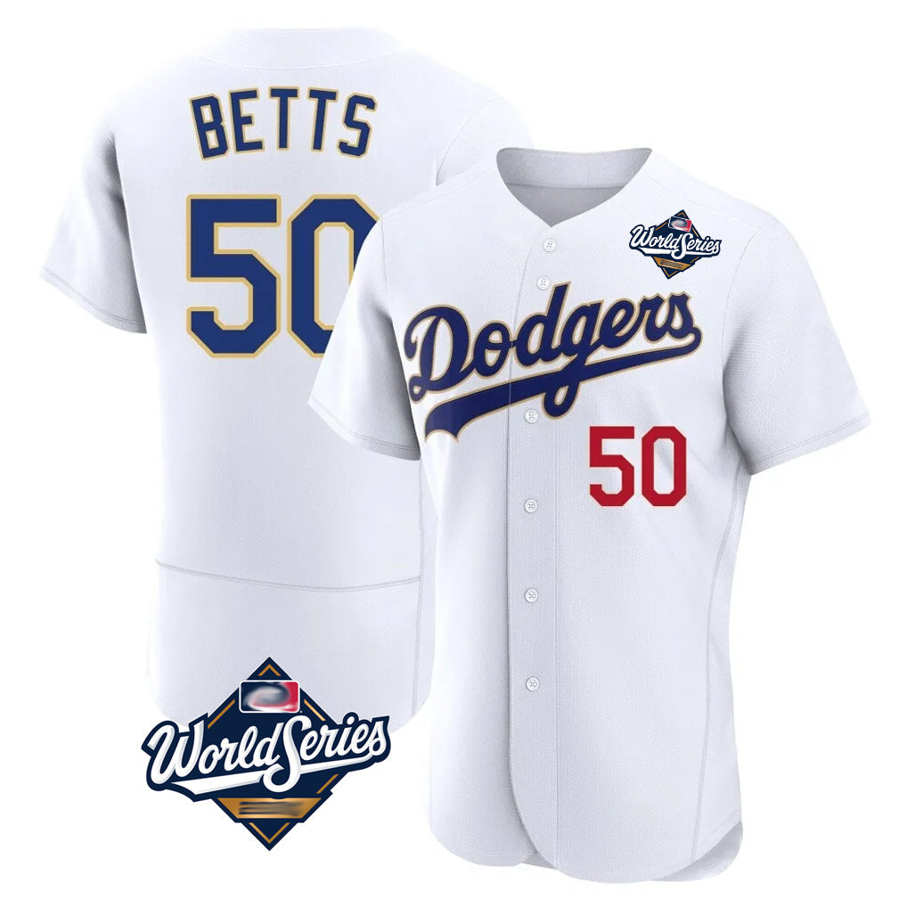 Tlead LA.Dodgers #50 Mookie Betts Player Gold White World Series 2026 Collection Stadium Limited Elite Stitched Jerseys