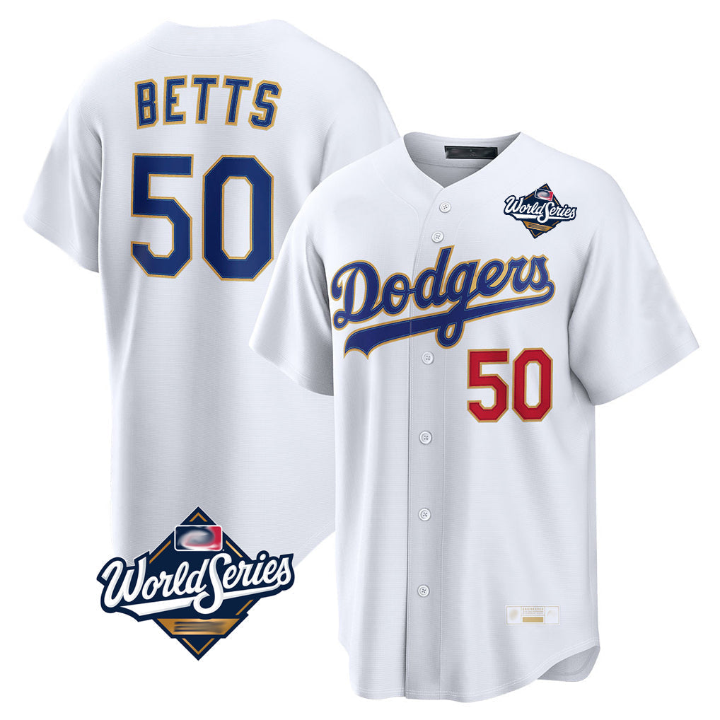 Tlead LA.Dodgers #50 Mookie Betts Player Gold White World Series Collection Limited Home Stitched Jerseys