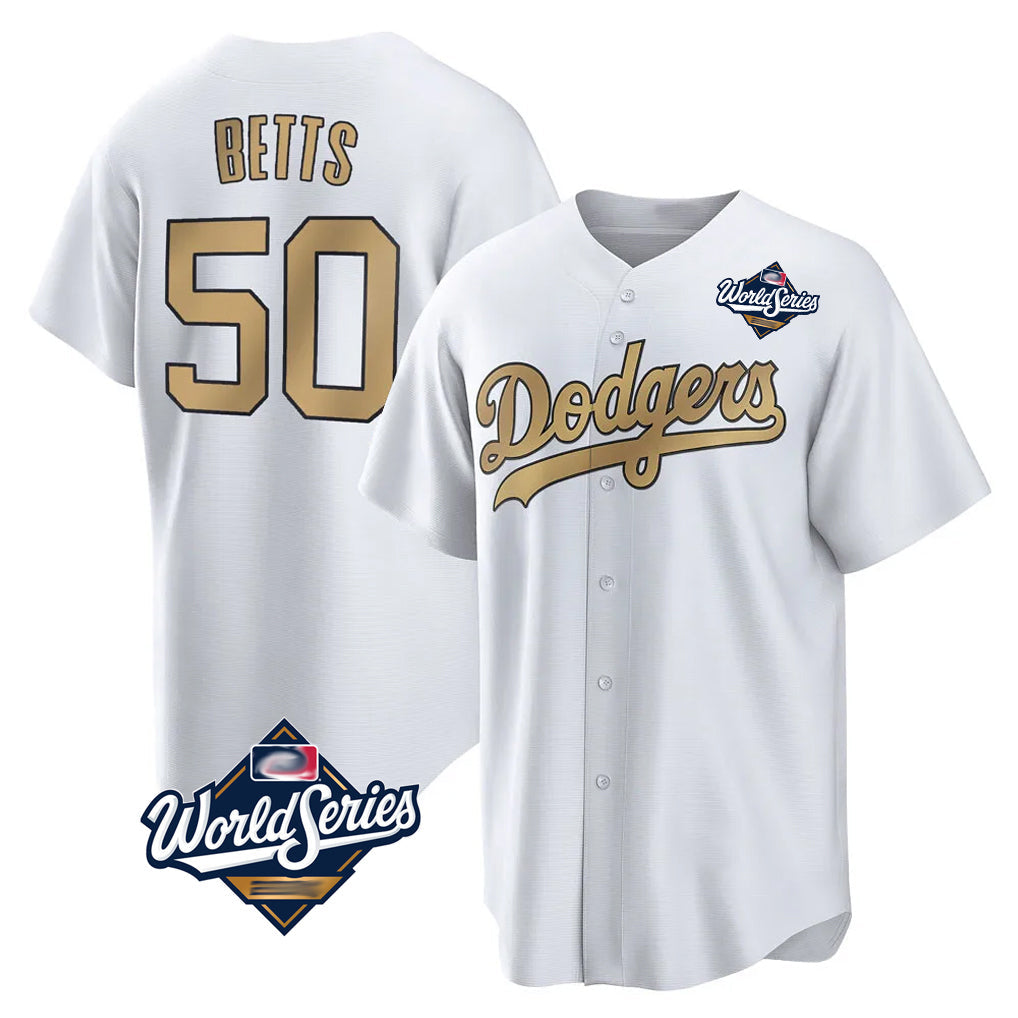 Tlead LA.Dodgers #50 Mookie Betts Player Gold World Series Collection Limited Home Stitched Jerseys