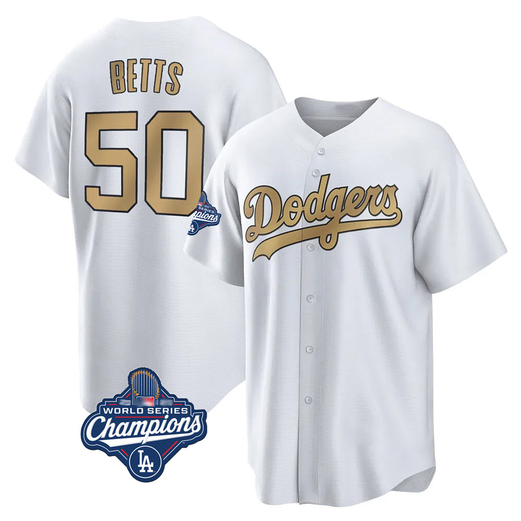 Tlead LA.Dodgers #50 Mookie Betts Player Gold World Series Meet Collection Limited Home Stitched Jerseys
