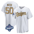 Tlead LA.Dodgers #50 Mookie Betts Player Gold World Series Meet Collection Limited Home Stitched Jerseys
