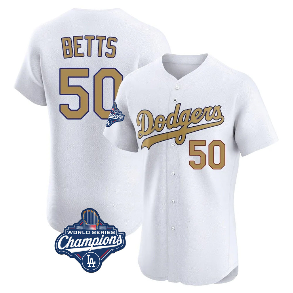 Tlead LA.Dodgers #50 Mookie Betts Player Gold World Series Meet Limited Elite Home Stitched Jerseys