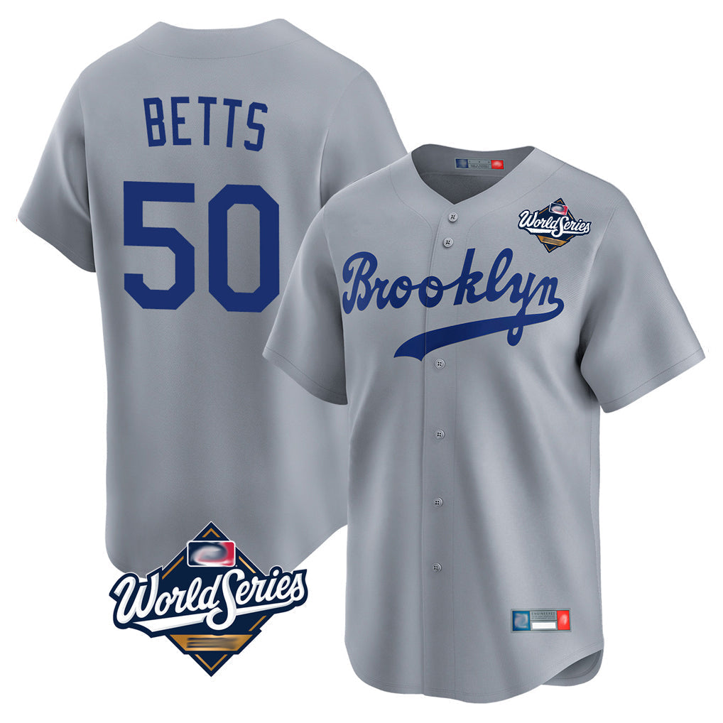Tlead LA.Dodgers #50 Mookie Betts Player Gray World Series Game Limited Home Stitched Jerseys