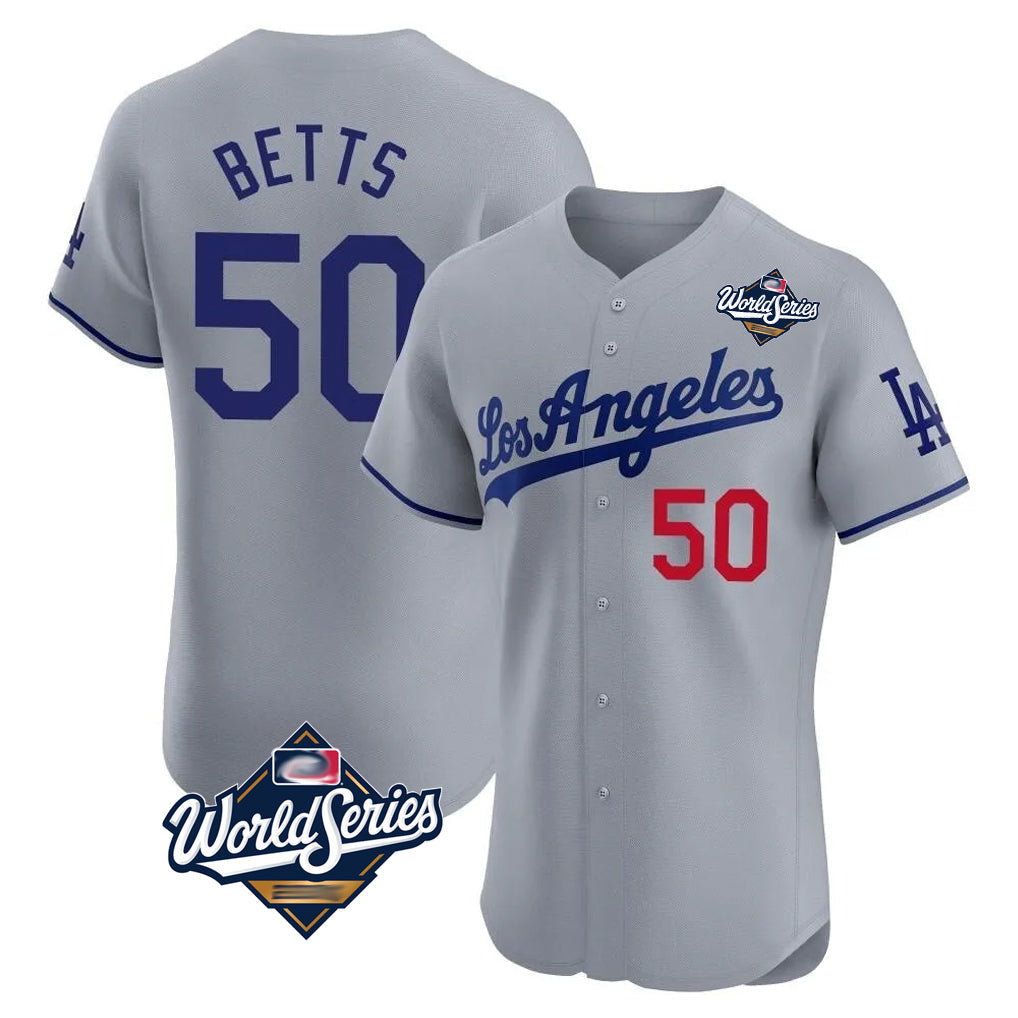 Tlead LA.Dodgers #50 Mookie Betts Player Gray World Series Limited Elite Home Stitched Jerseys