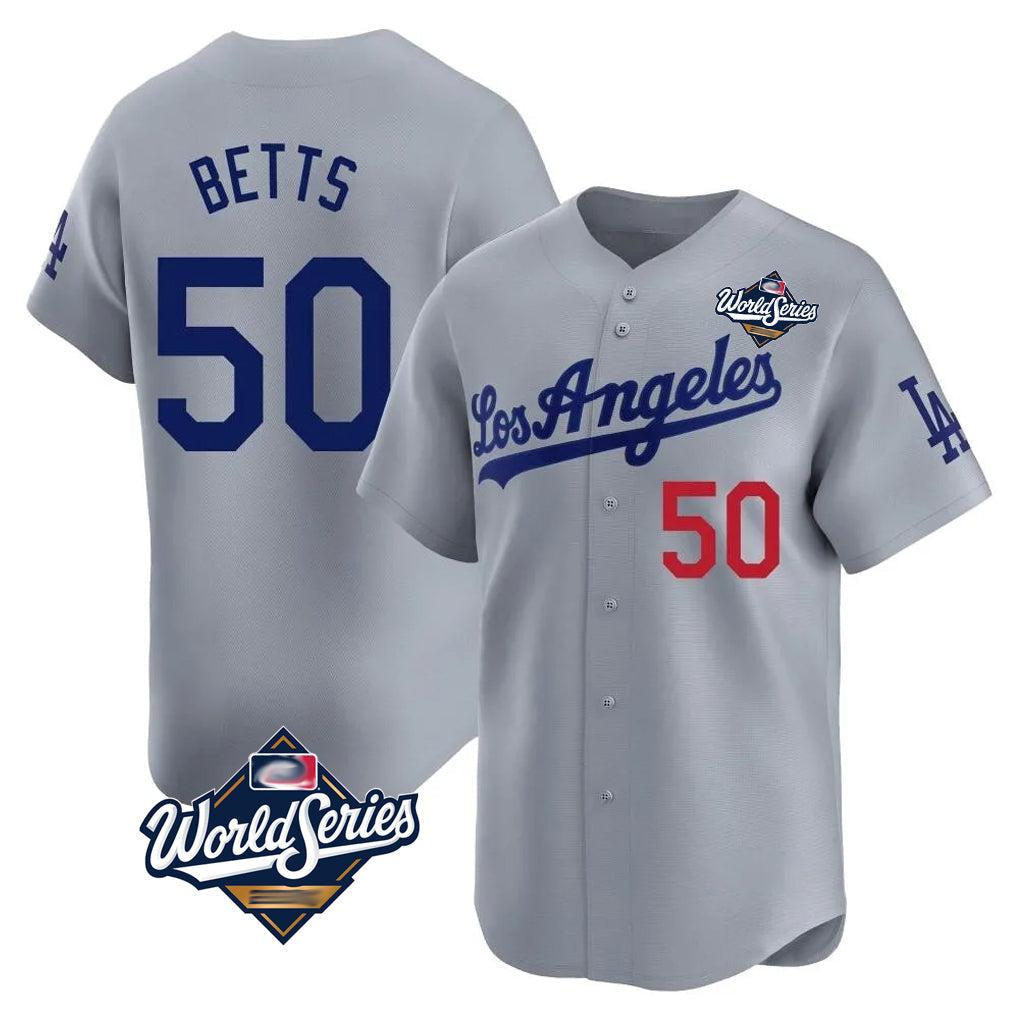 Tlead LA.Dodgers #50 Mookie Betts Player Gray World Series Limited Home Stitched Jerseys