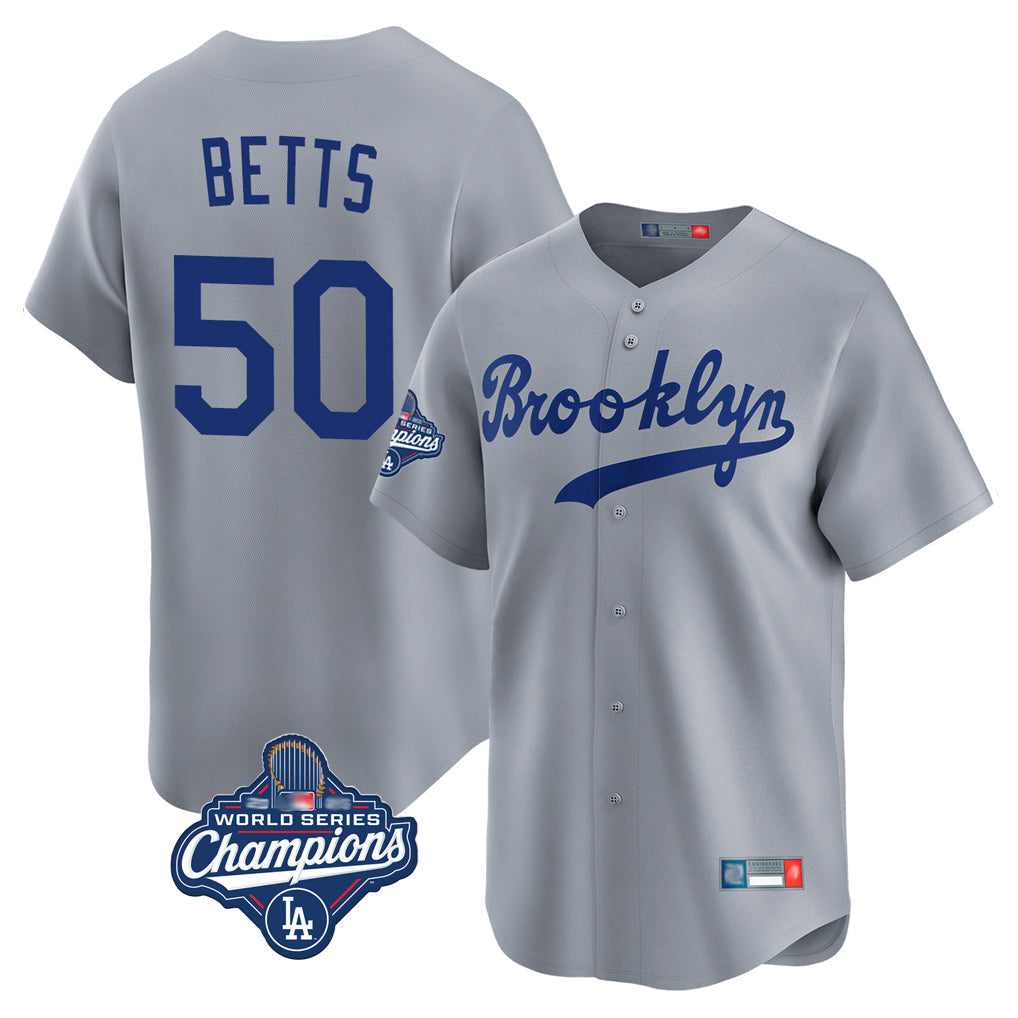 Tlead LA.Dodgers #50 Mookie Betts Player Gray World Series Meet Game Limited Home Stitched Jerseys