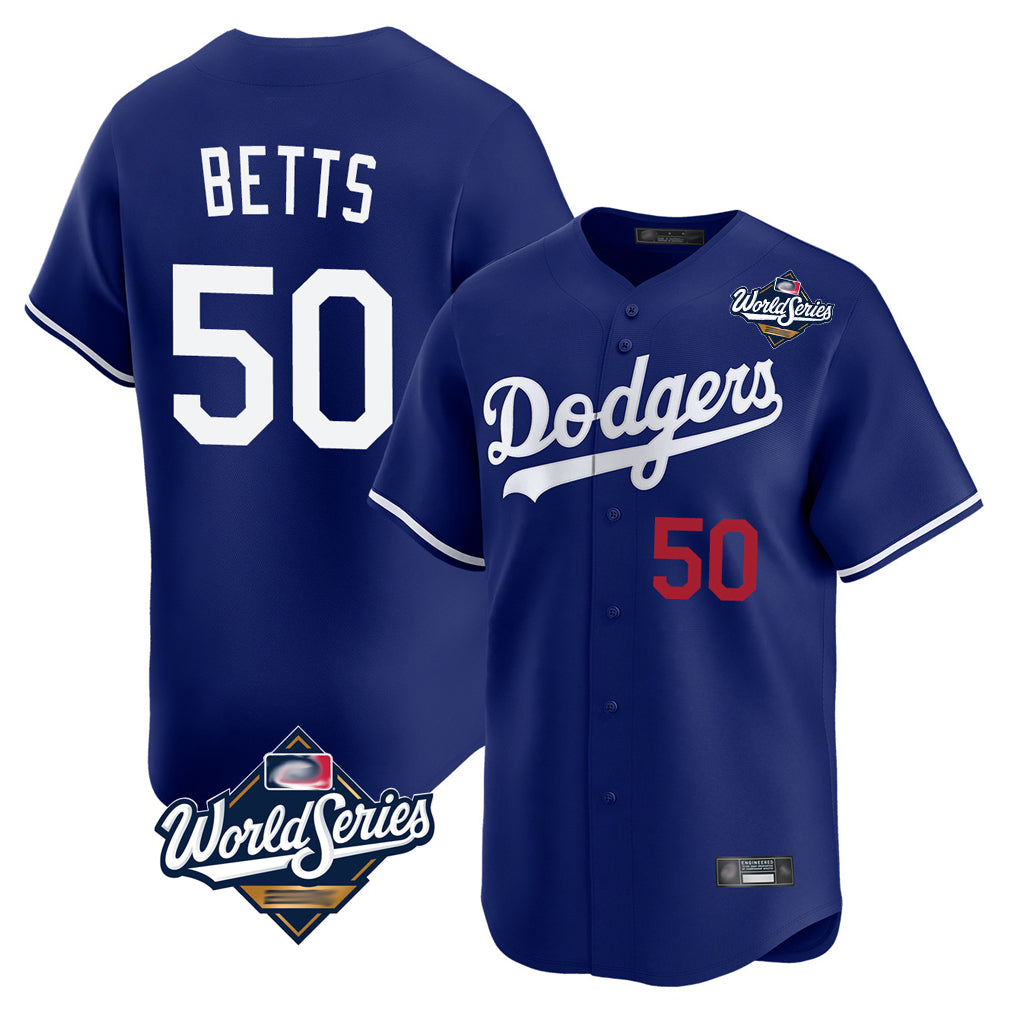 Tlead LA.Dodgers #50 Mookie Betts Player Royal World Series Limited Home Stitched Jerseys