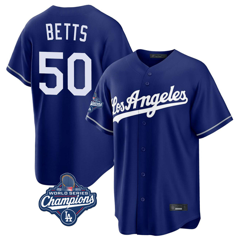 Tlead LA.Dodgers #50 Mookie Betts Player Royal World Series Meet Game Stitched Jerseys